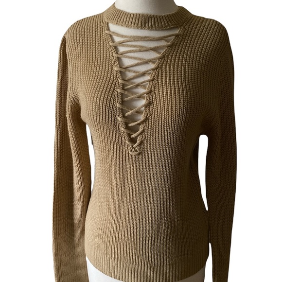 Long Sleeve Tan Sweater with Lace Up Detail in Deep V Opening Size Medium - Picture 2 of 8